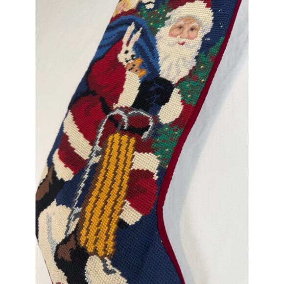 Vtg Christmas Stocking‎ Wool Needlepoint Old World Santa Animals Embroidered - Picture 2 of 4